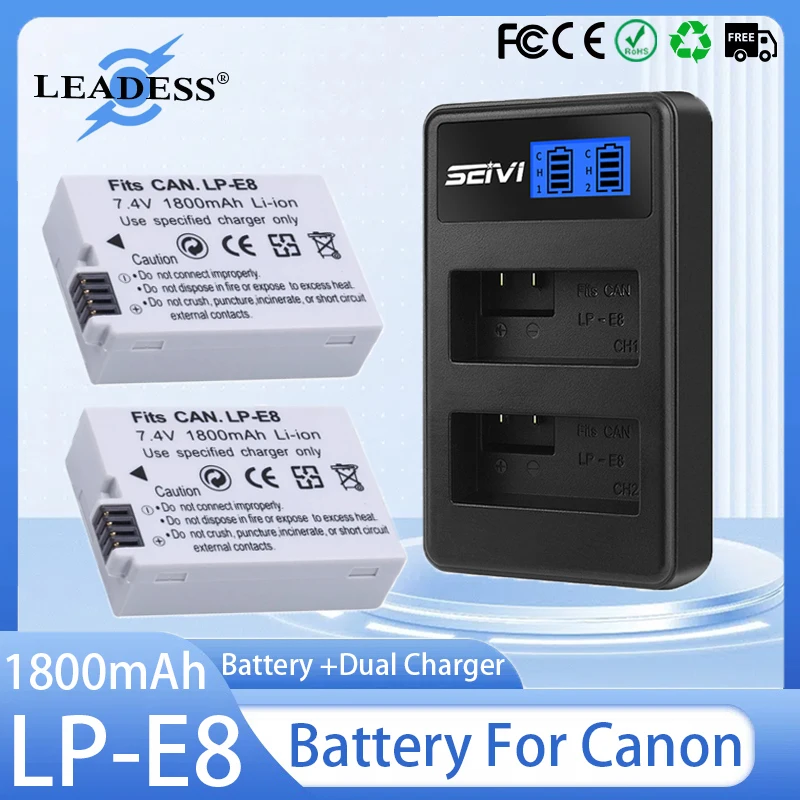Batería LP-E8 de 1800mAh + cargador Dual para Canon EOS 550D 600D 650D 700D Kiss X4 X5 X6i X7i Rebel T2i T3i T4i T5i batería de cámara