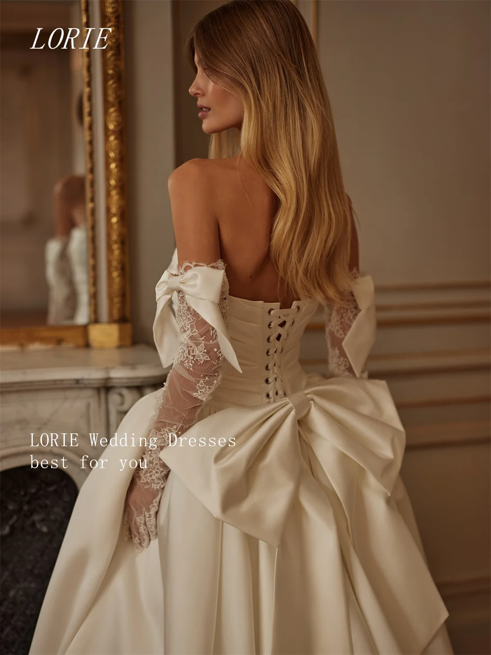 LORIE Luksusowa suknia ślubna w kształcie litery A z koralikami, kokardą, bez rękawów, aplikacjami i koronką, szyta na miarę, kolekcja 2026