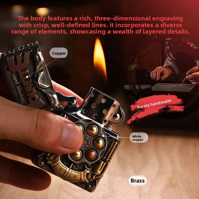 

Classic brass inlaid fuel lighter, three copper handmade inlaid dial fingertip gyro lighter,cigarette accessories,men's gift