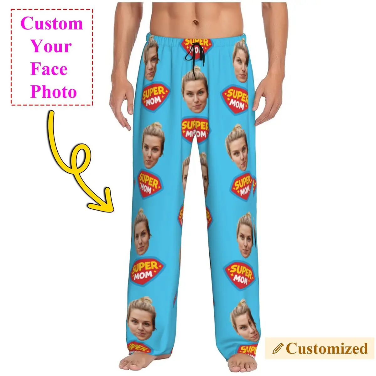 Pantalones de pijama personalizados Super Mom para hombre, ropa de dormir con diseño de foto de cara personalizada, pantalones para dormir elásticos con bolsillos
