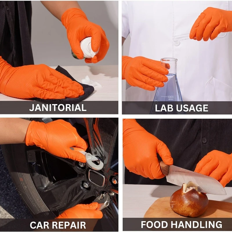 8Mil Heavy Duty Orange Nitrile Gloves Disposable Safety Work Gloves with Diamond Textured Grip Industrial Mechanic Auto Gloves