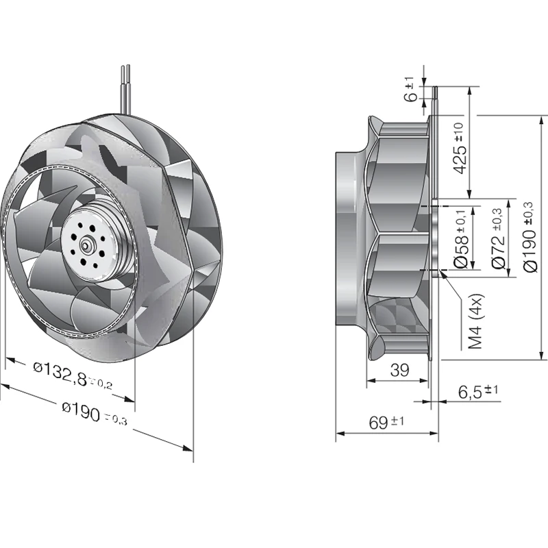 BRAND NEW RER190-39/18/2TDMLO RER 190-39/18/2TDMLO DC 48V ORIGINAL COOLING FAN COOLER Ø 190 x 69 mm