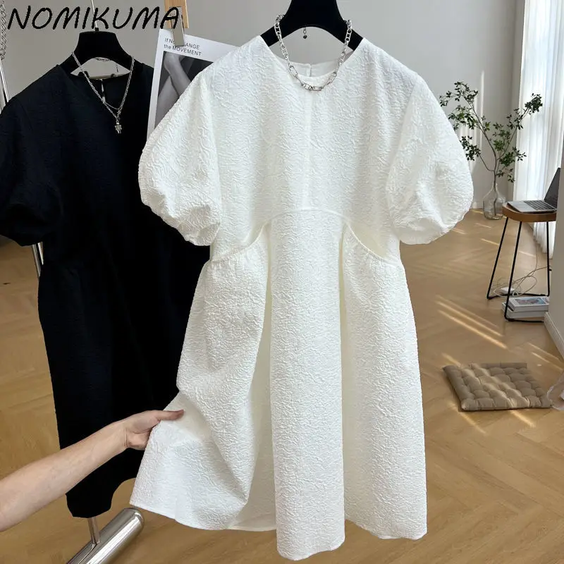 Nomikuma Korean Jacquard Women Dresses Summer 2023 New High Waist Dress Chic Lantern Sleeve Causal Pockets A-line Vestidos Mujer