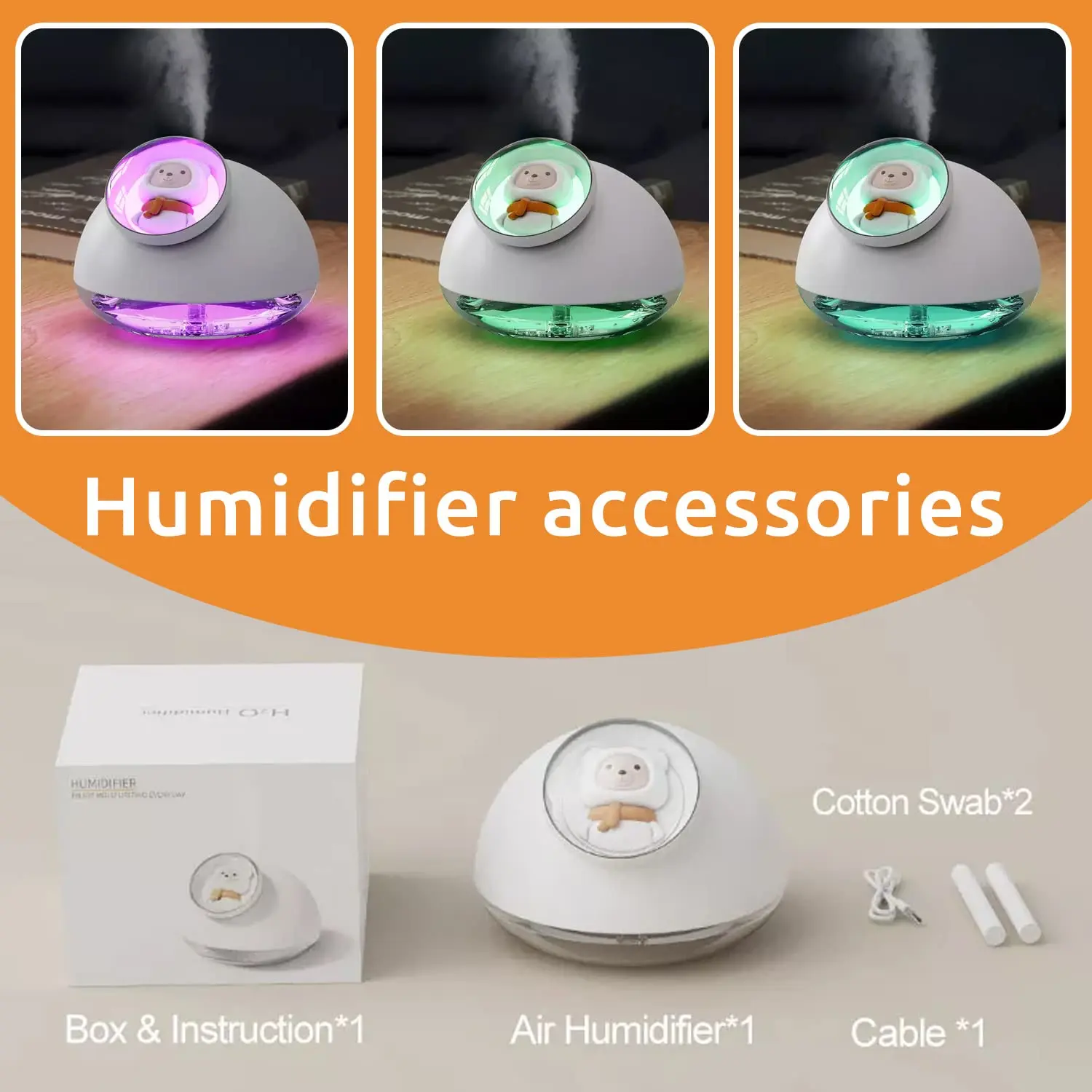 Портативный увлажнитель холодного тумана, 300 мл, USB, 7 цветов