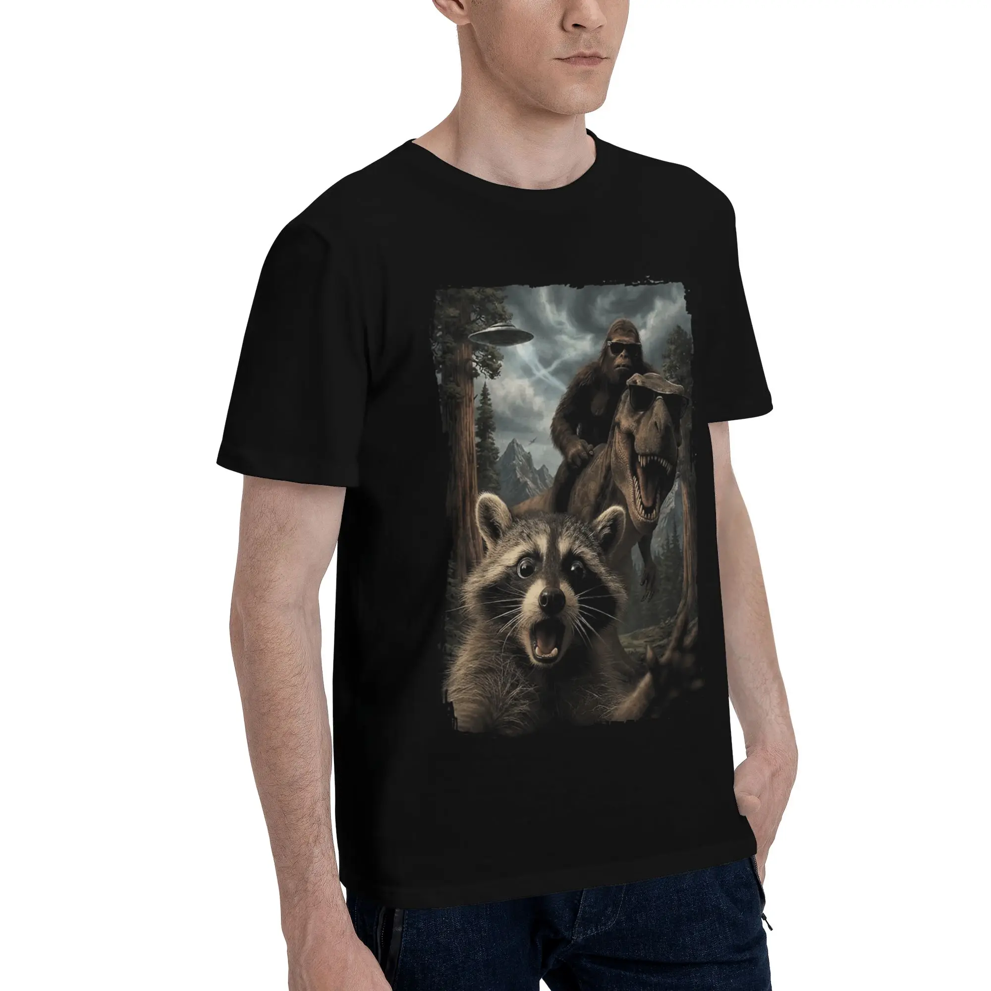 Men Women Graphic Printed Funny Bigfoot Ride Dinosaur Raccoon T Shirt Tee Pure Cotton  T-shirts Clothing