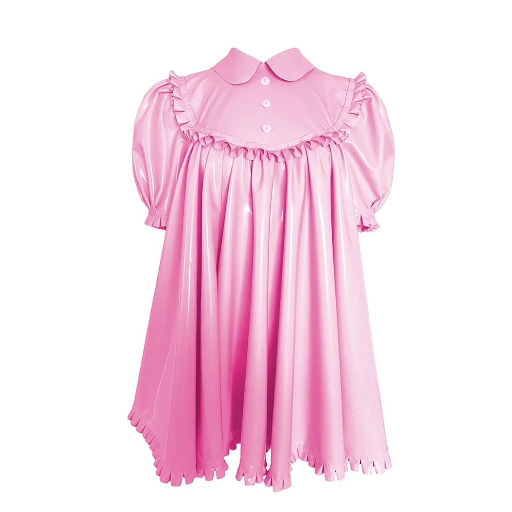 

Pink Glossy PVC Flip Collar Shoulder Pleats Chest Button Decoration Straight Tube Fetish Adult Dress