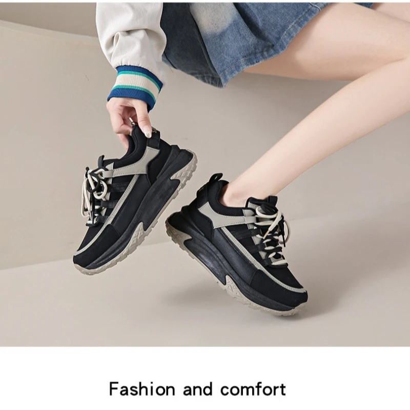 Women's Chunky Dad Sneakers 2026 Summer Colorblock PU Leather Lace-Up Comfort Casual Platform Sport Shoes for Ladies