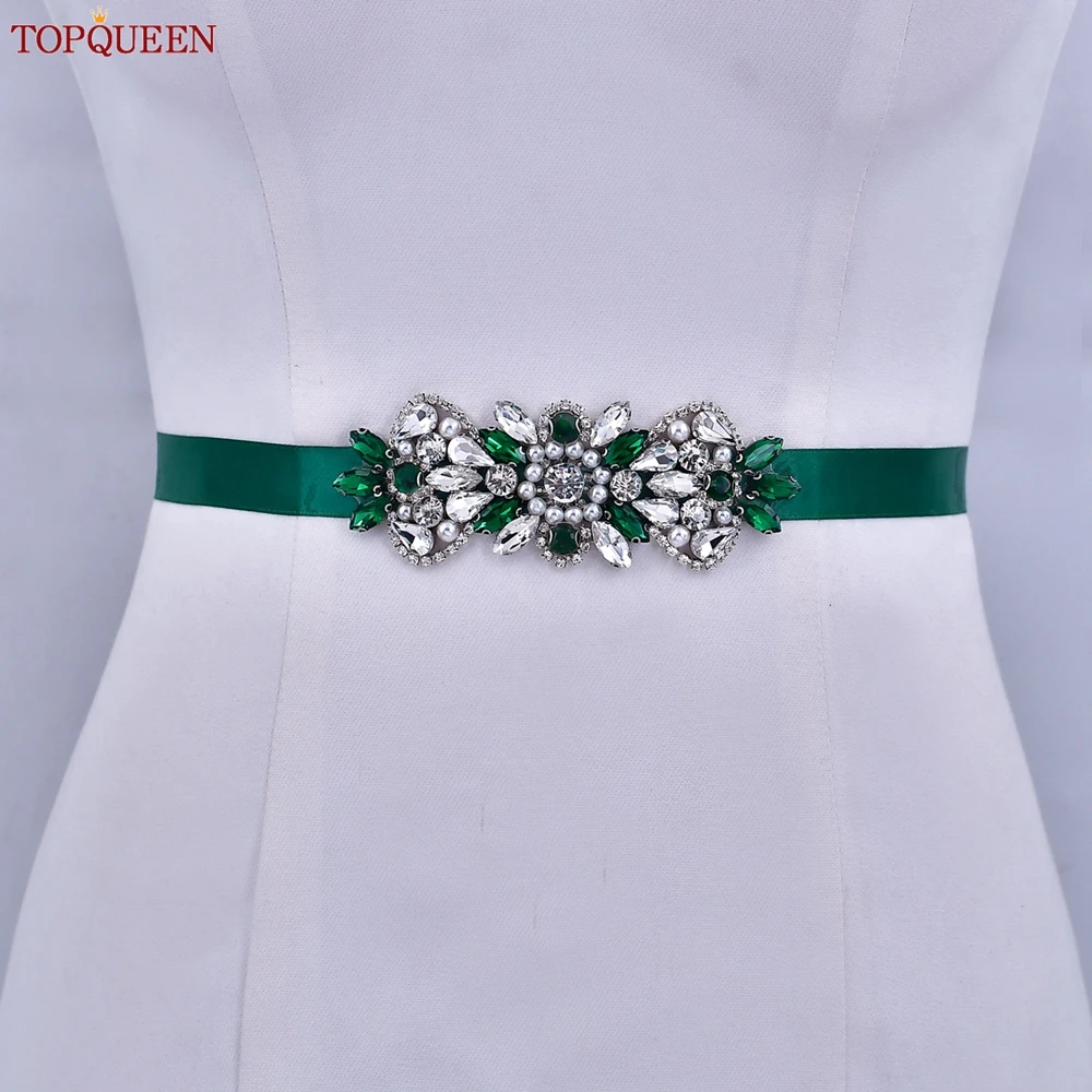 TOPQUEEN Fashion Bridal Belt Wedding Accessories Emerald Gemstone Applique Bridesmaid Belt Party Prom S86-KL