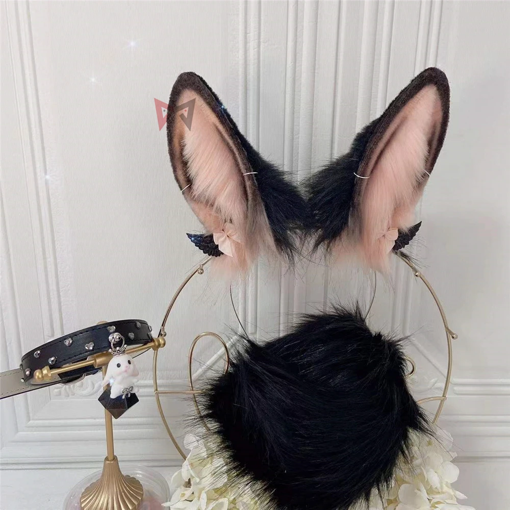 New Black Bunny Rabbit Ears Hair Hoop Tail Necklace Set Hand Made Work For KC Cosplay Party Game Costume Accessories Custom Made