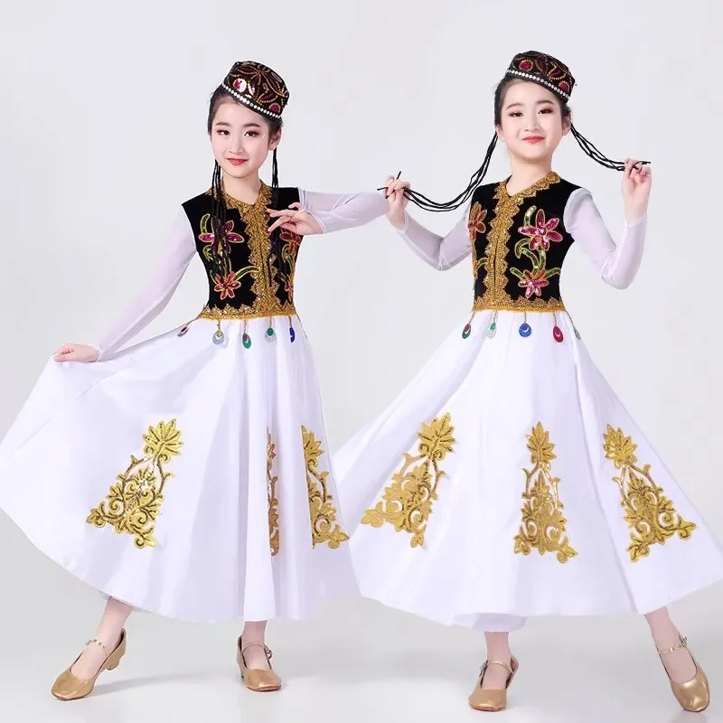 Elegante Xinjiang Tanz kostüme Kinder Minderheit Mädchen Kostüme Uyghur Bühnen performance Kostüme chinesische ethnische Tanz kostüme