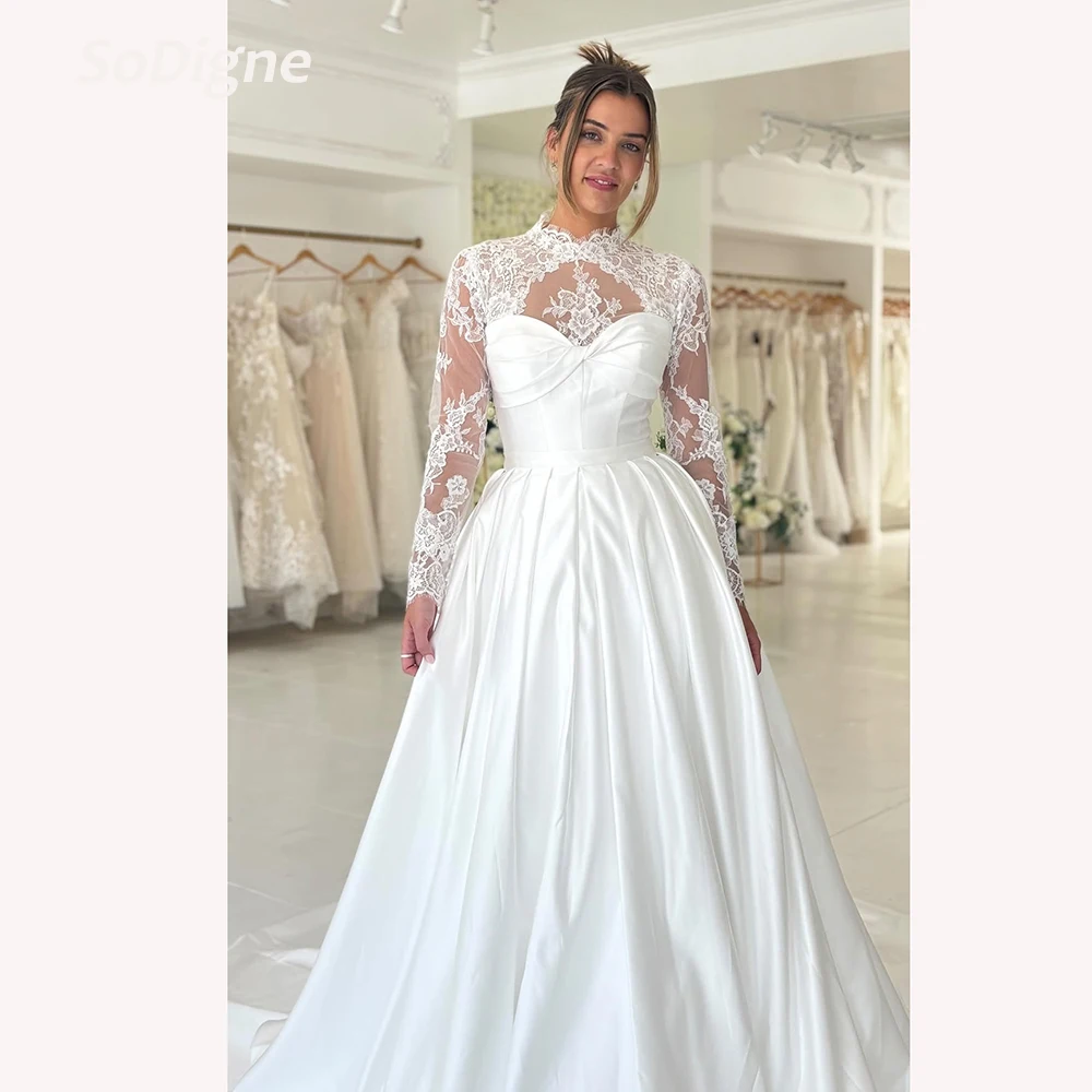 

SoDigne A-line Satin/Lace Wedding Dresses Full Sleeves High Neck Bridal Dress 2026 Long Bride Gown vestidos de novia Customized
