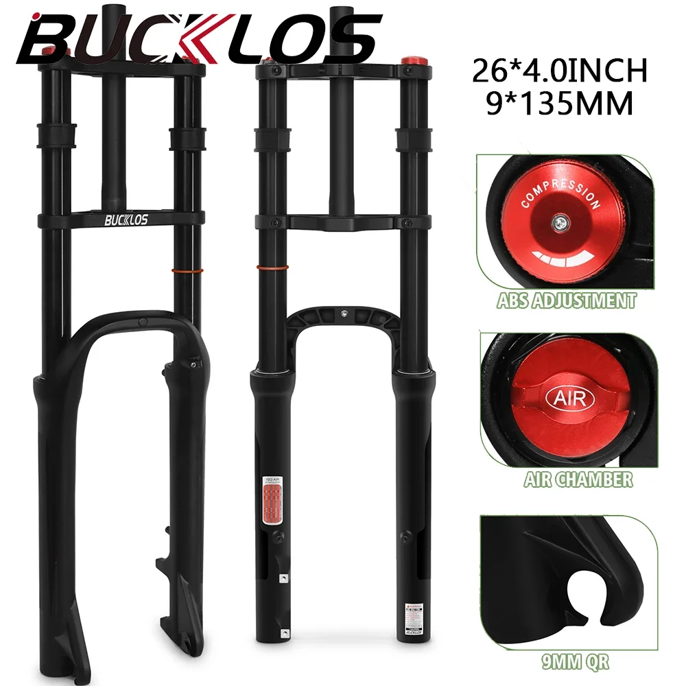 BUCKLOS 26*4.0 E-Bike Fork 9*135MM 26IN Mountain Bike Fork Air Suspension Snow Bicycle Forks Aluminum Alloy Beach Bicycle Forks