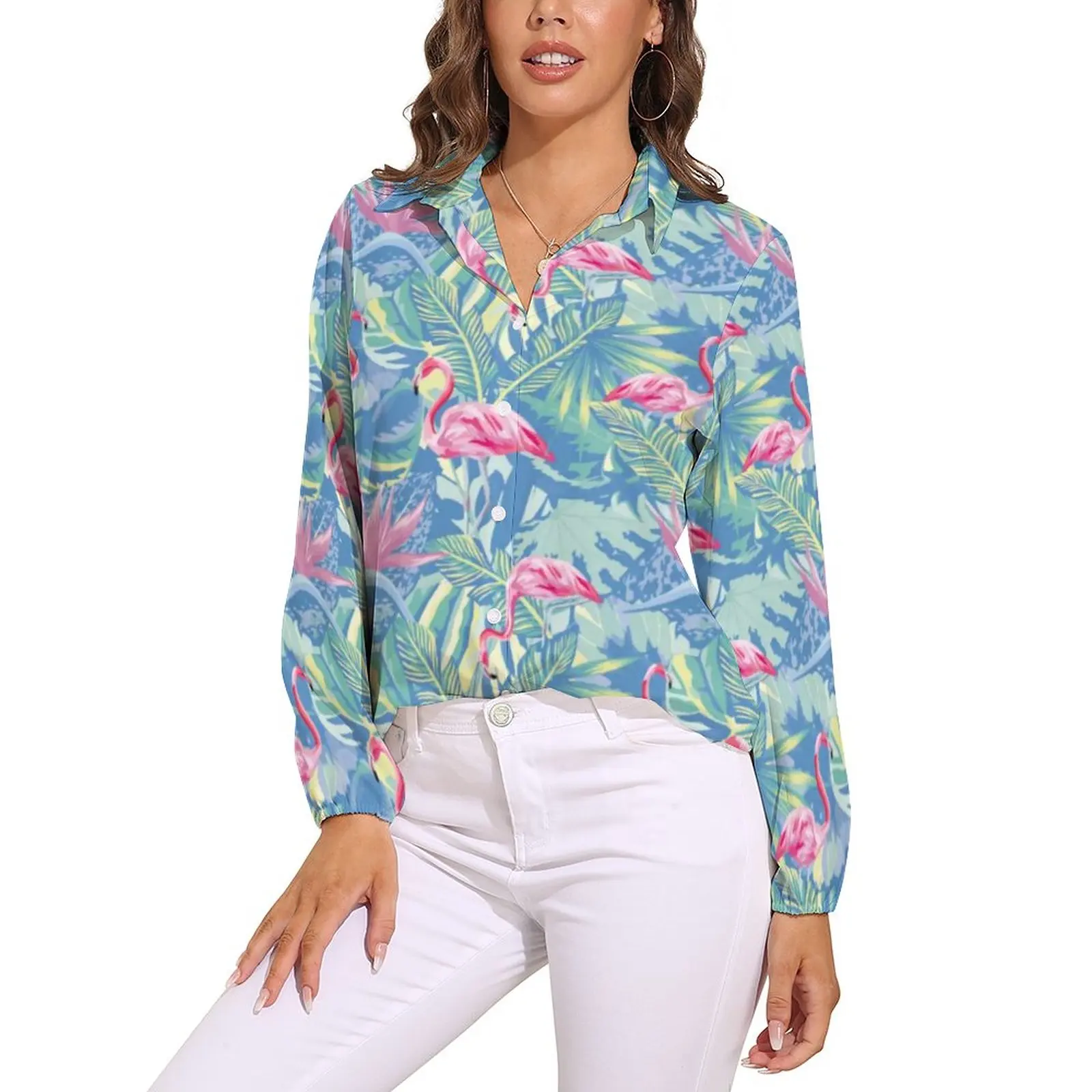 

Watercolor Palm Leaves Blouse Tropical Blue Flamingo Aesthetic Print Blouses Woman Street Style Shirt Long-Sleeve Oversize Top