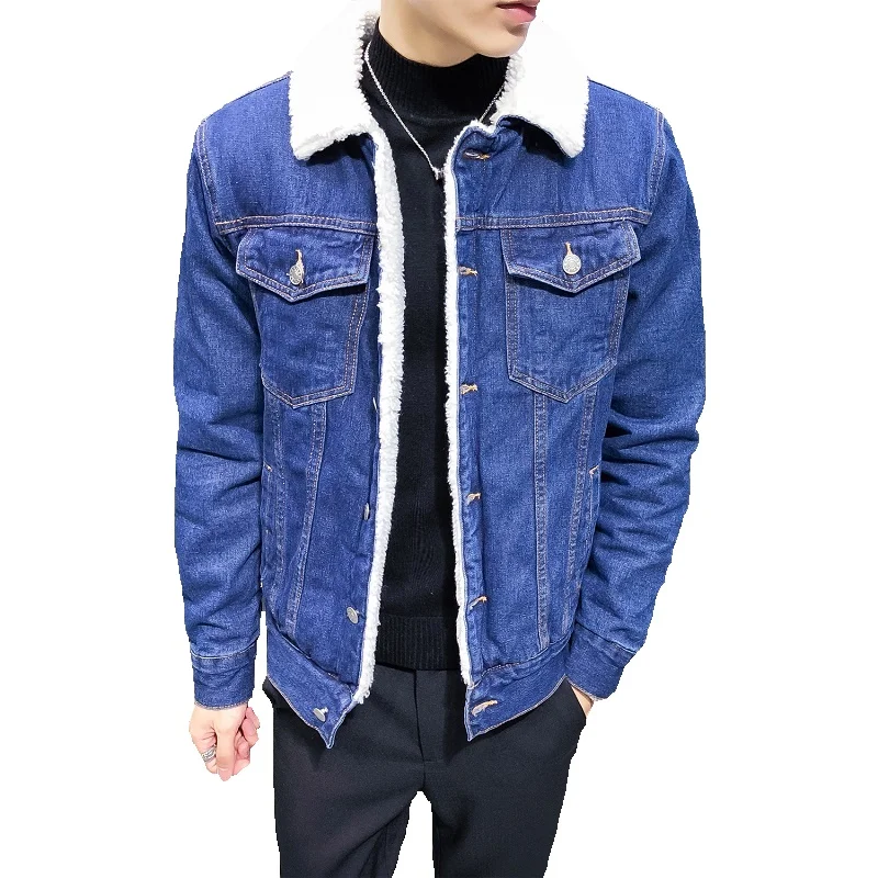 

Autumn and Winter New Men Plush Denim Jacket Black / Blue Fashion Minimalist Men's Daily Casual Warm Coats Large Size 6XL