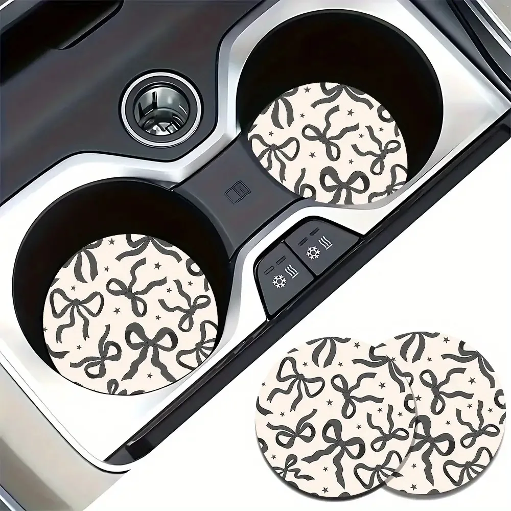 2pcs Elegant Bow Tie Pattern Car Cup Holders - Non-Slip Sponge Rubber Coasters With & Bow Design, Scratch-Resistant & Heat-Resis