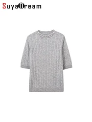 SuyaDream, Women Short Sleeves Pullovers, 100%Merino Wool, Beading Round Collar, Cable-knit Sweaters, 2024 Fall Winter Top