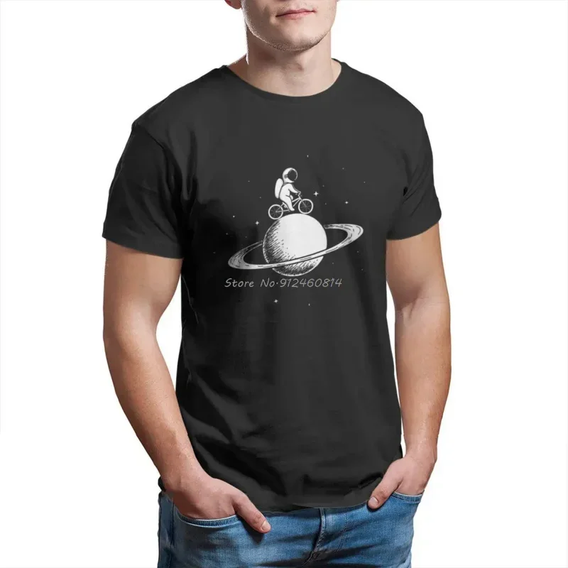 Men's Astronaut with Helmet in Space, Rides on Bicycle T-Shirt, Oversized Funny Tees, Cotton Top, Clothes