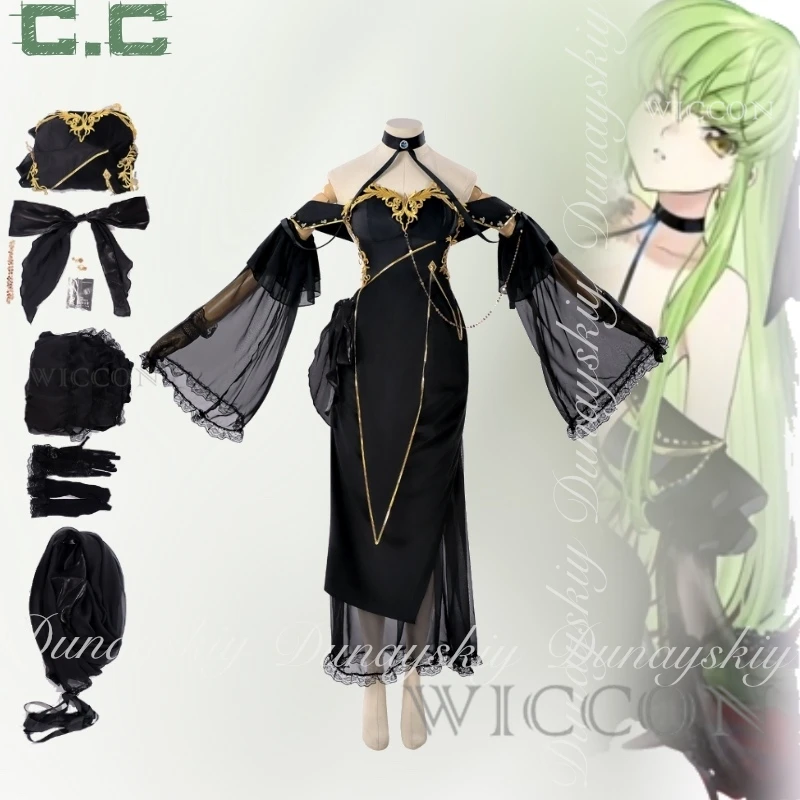 CÓDIGO GEASS C.C. Cosplay Queen Vestido delgado negro Peluca verde Todo set Halloween