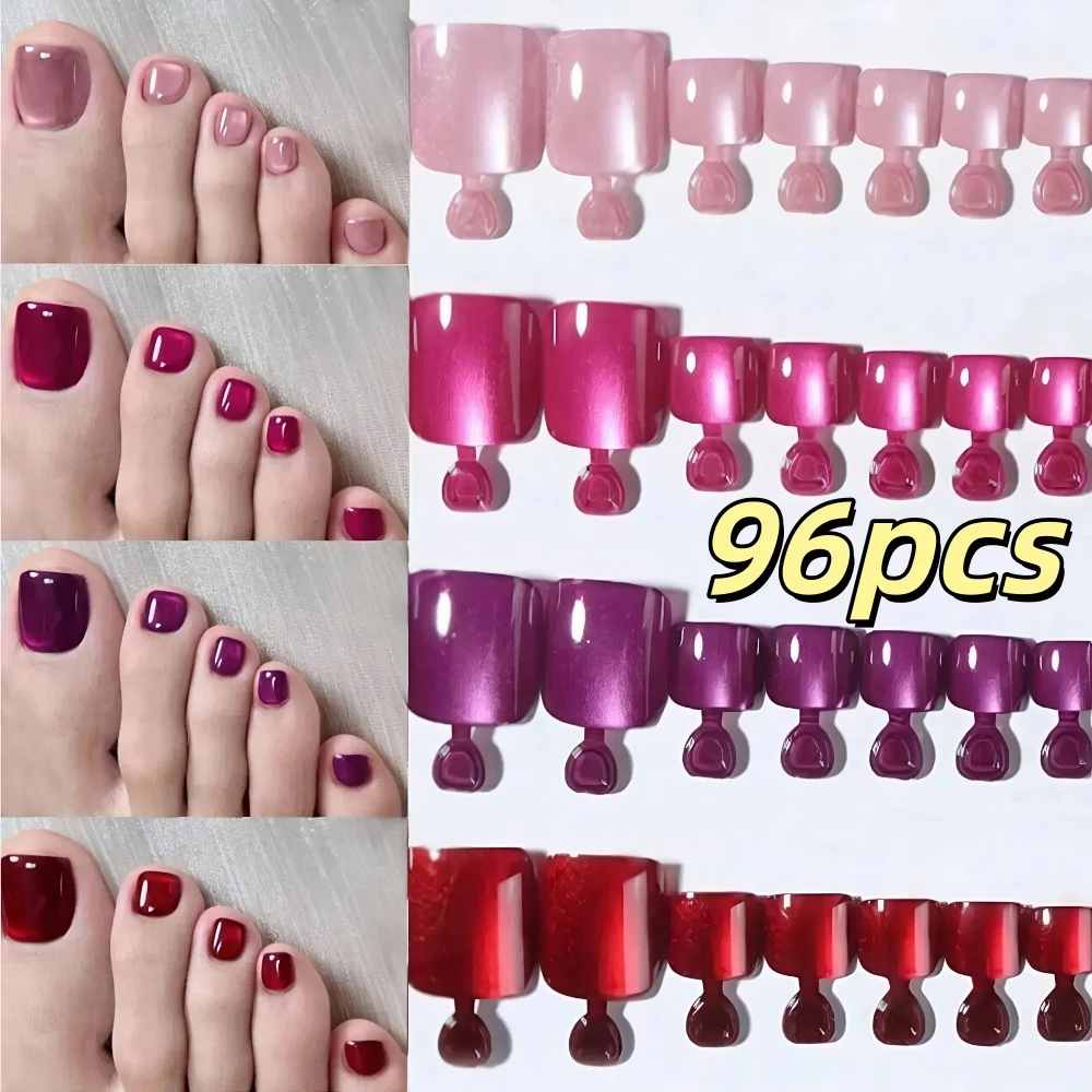 96 個のグリッターキャットアイプレスオンフットネイルピンク/レッド/ローズ/パープルスクエアフェイクトゥネイルフルカバー再利用可能な偽フットネイル用品 *