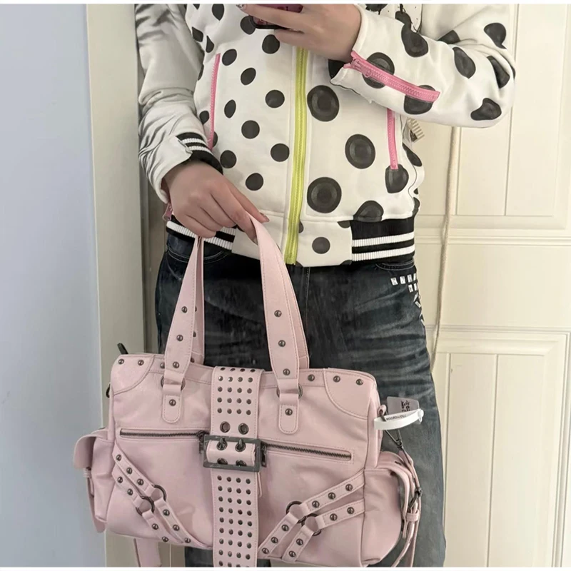 Y2k Nieten-Gürtelschnallen-Handtasche, Damen Motorrad Biker Punk-Stil Metall-Nieten-Schultertasche, Koreanische Y2k Mädchen Reißverschluss-Tragetasche – Detail 20