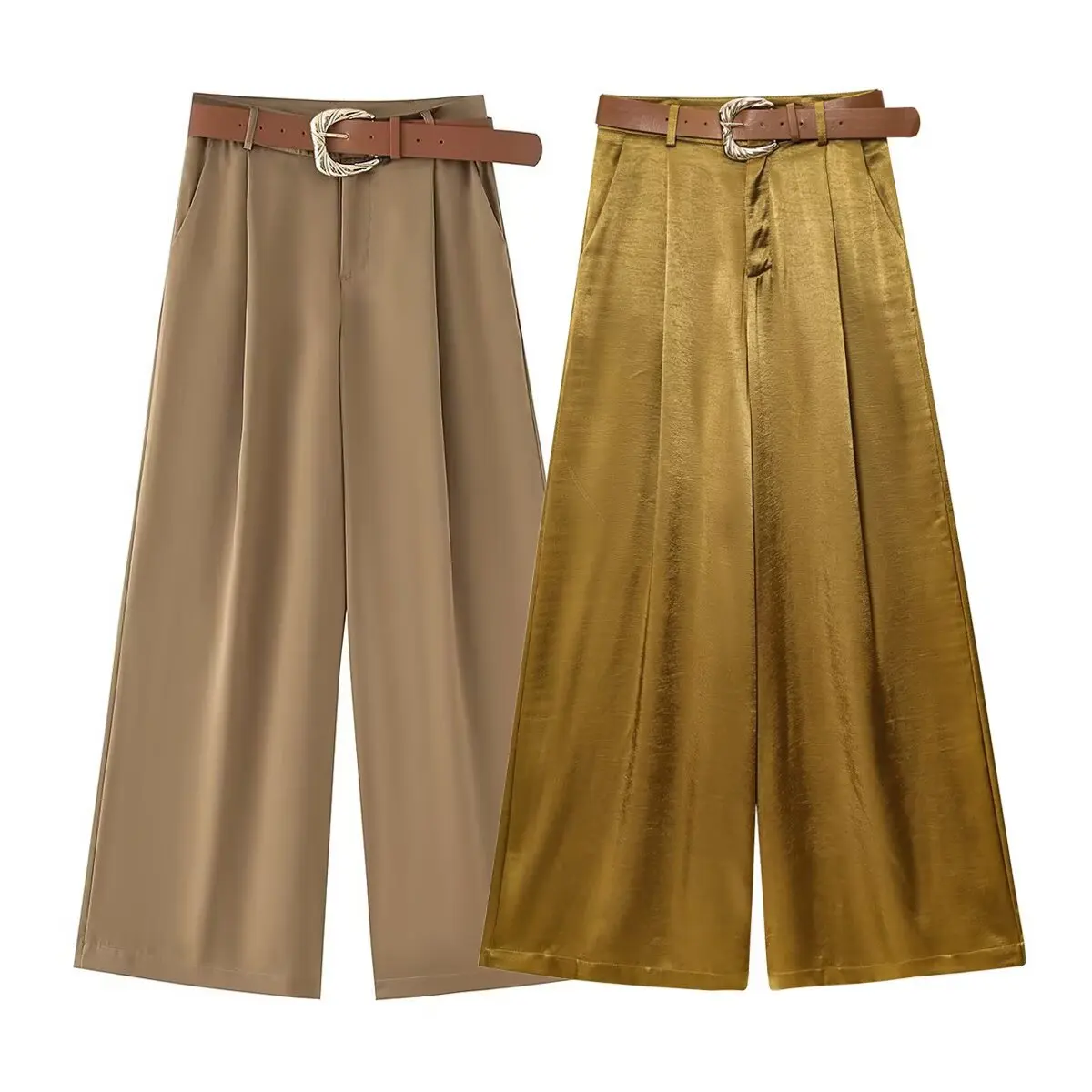 

2025 Women's Trousers Pleated Baggy Wide Pants Woman Office Wear Summer Satin Pants Women Belt Casual Y2K Oversize Long Pants