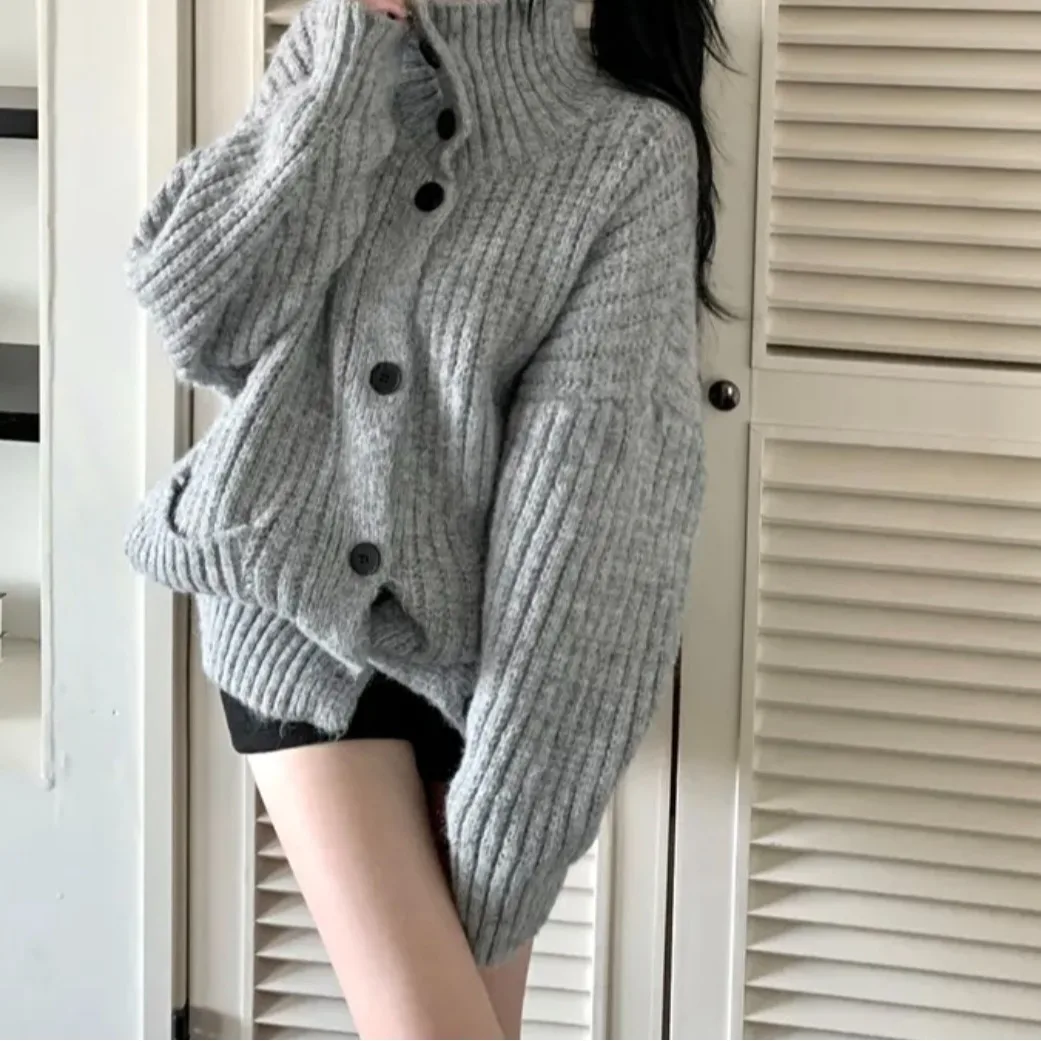 

2026 New Chic Lazy Sle High Collar Open Cardigan Sweater Autumn Winter Loose Soft Thiened Knitted Top Women's Faion