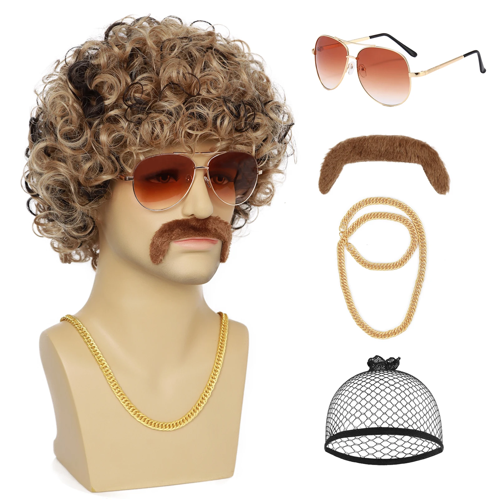 5pcs Set 70s 80s Disco wig with Mustache Glasses Artificial Wolf Necklace Gold Chain Short Curly Synthetic Hair Afro Mens Rocker