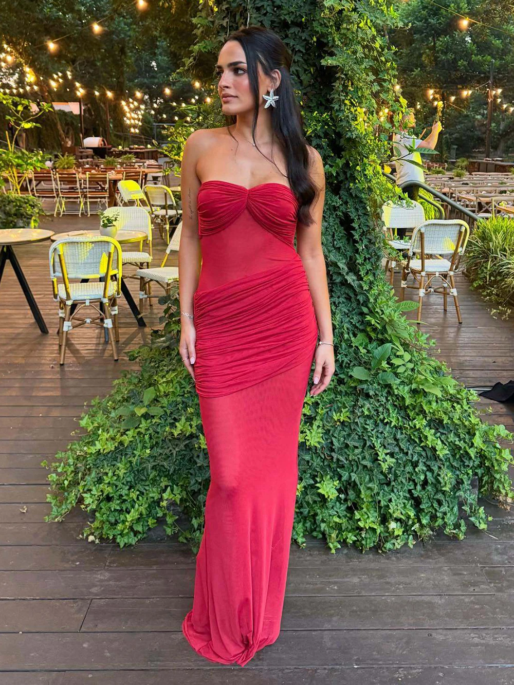 فستان ماكسي أنيق بدون حمالات شبكي مرقع أنيق بدون أكمام بدون ظهر للإجازات رداء طويل 2025 فساتين حفلات الشاطئ النسائية الجديدة