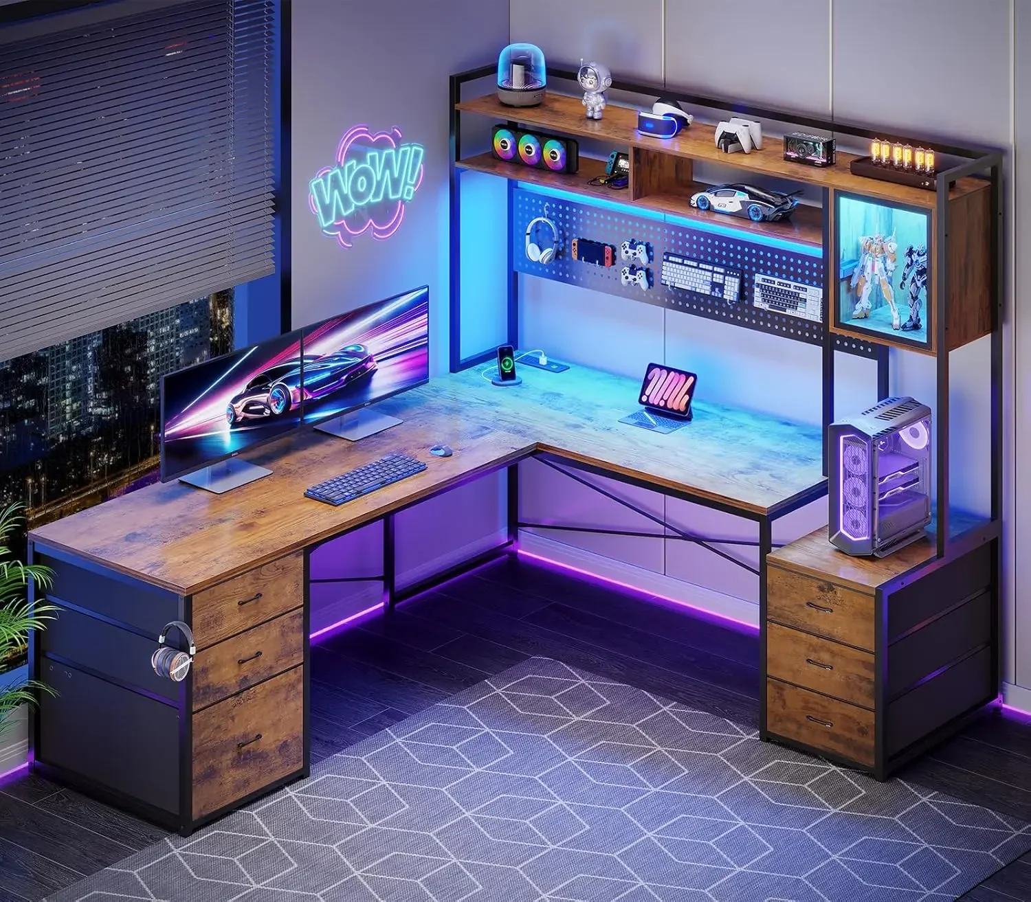 

Reversible L Shaped Gaming Desk With Drawers File Drawer Hutch Storage Shelves LED Lights Power Outlet Rustic Brown For Two Peop