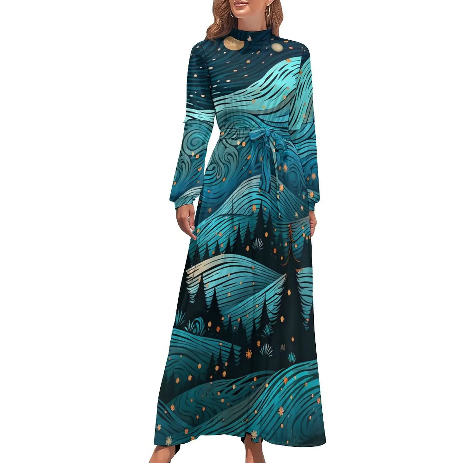 

Starry Night Print Dress Abstract Swirls Sexy Maxi Dress Aesthetic Beach Long Dresses High Neck Design Clothes