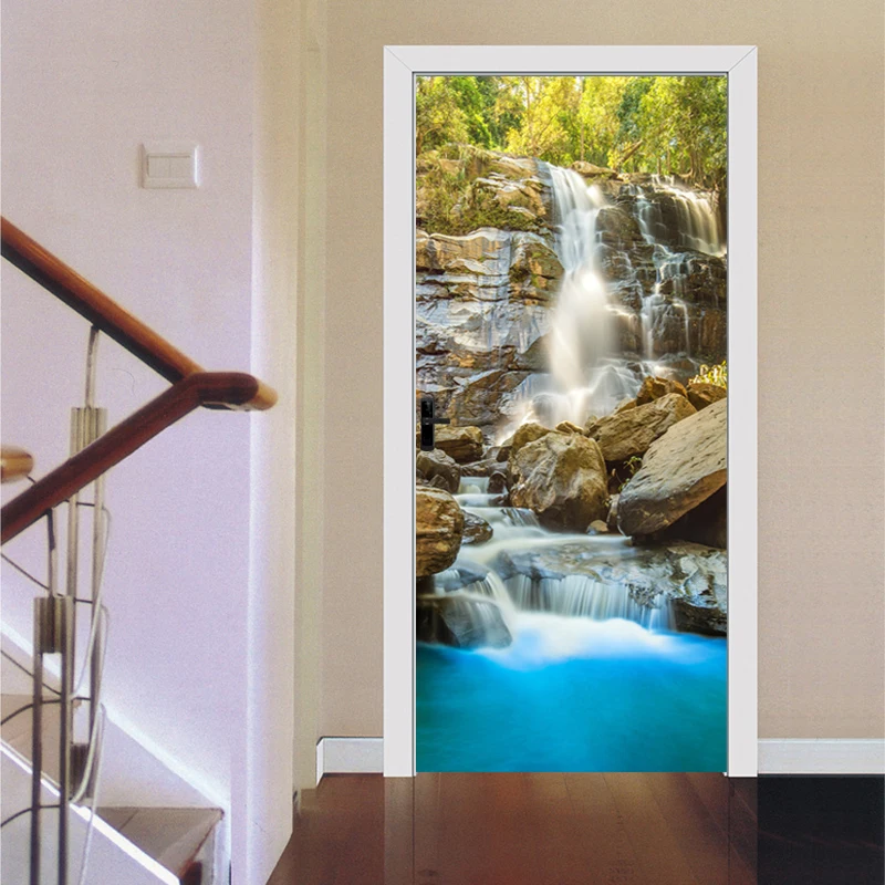 PVC Door Sticker Photo Wallpaper 3D Waterfalls Landscape Nature Murals Living Room Study Elder's Bedroom Home Decor Wall Sticker