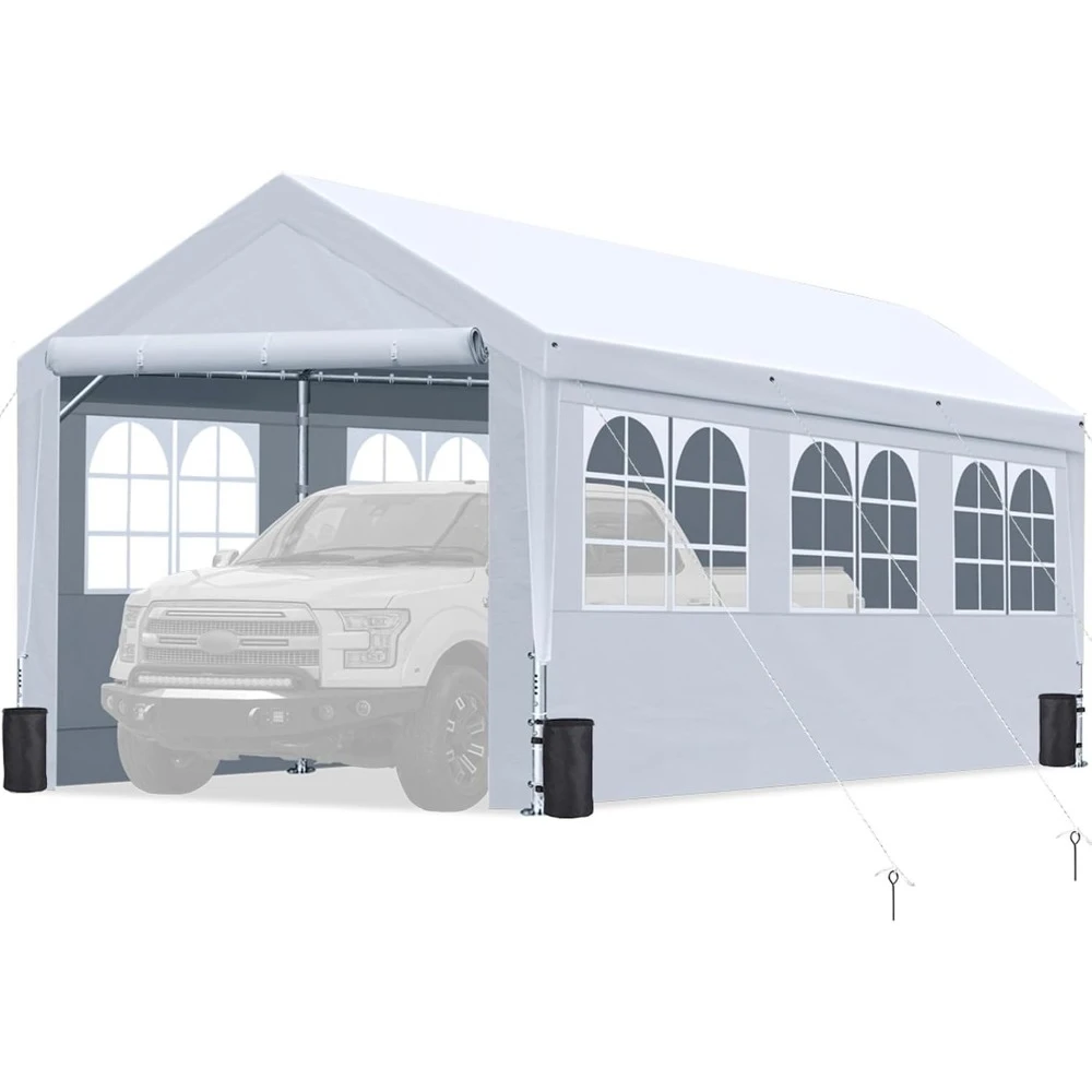 10x20 ft Adjustable Height Carport Heavy Duty Car Canopy Garage Shelter Boat Wedding Party Tent, Removable PVC Window  Sidewall