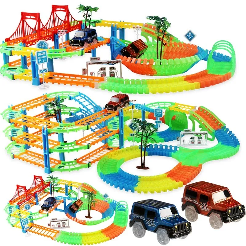 Glowing Flexible Track Car Toys Children Racing Bend Rail Track Led Electronic Flash Light Car DIY Toy For Boy Kids Gift