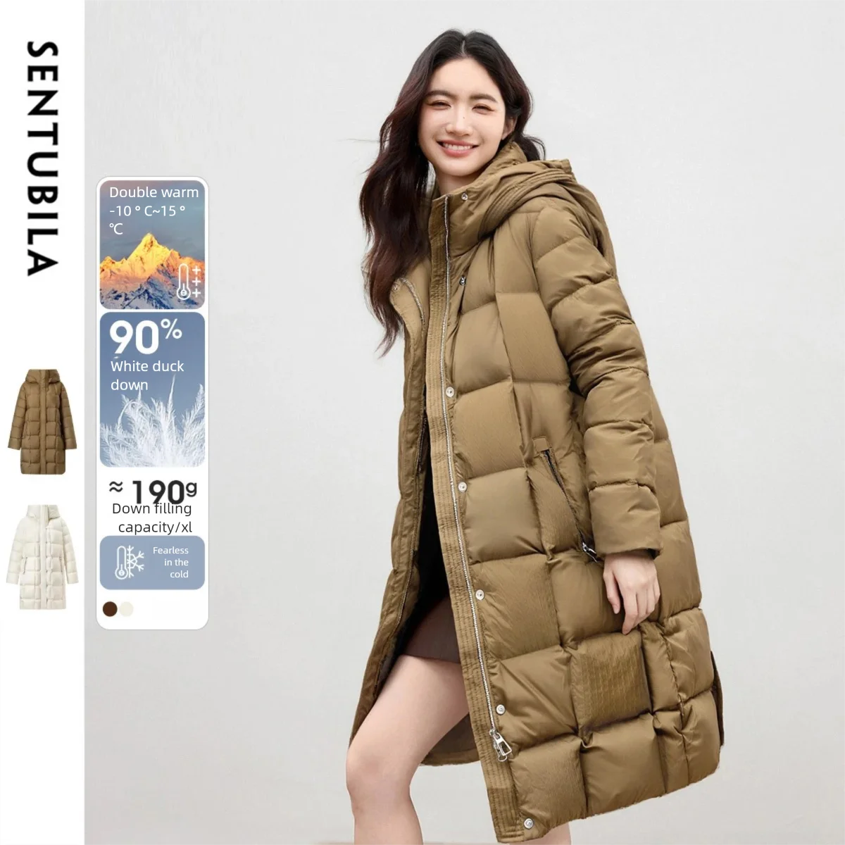 SENTUBILA Women Down Puffer Coats Winter Warm Hooded Windproof Outerwears 90% White Duck Down Long Coat Woman Clothes W44Y57032