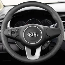For Kia Carens 2013-2019 Car accessories DIY Hand-stitched black nonslip wear-resisting Genuine Leather car steering wheel cover