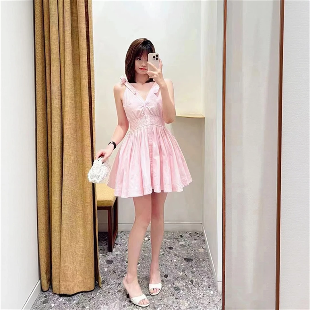 

French Style High Waist A-Line Dress Pink Bow Tie Sleeveless Vest Dress Breathable Cotton Summer Fashion Women's Clothing