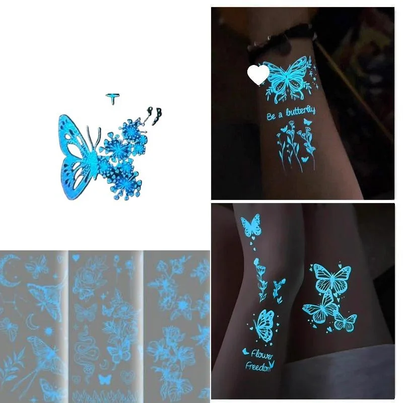 1/6 hojas de pegatina de tatuaje luminosa azul, resistente al agua, temporal, para dedo, muñeca, arte corporal, tatuaje de mariposa falsa