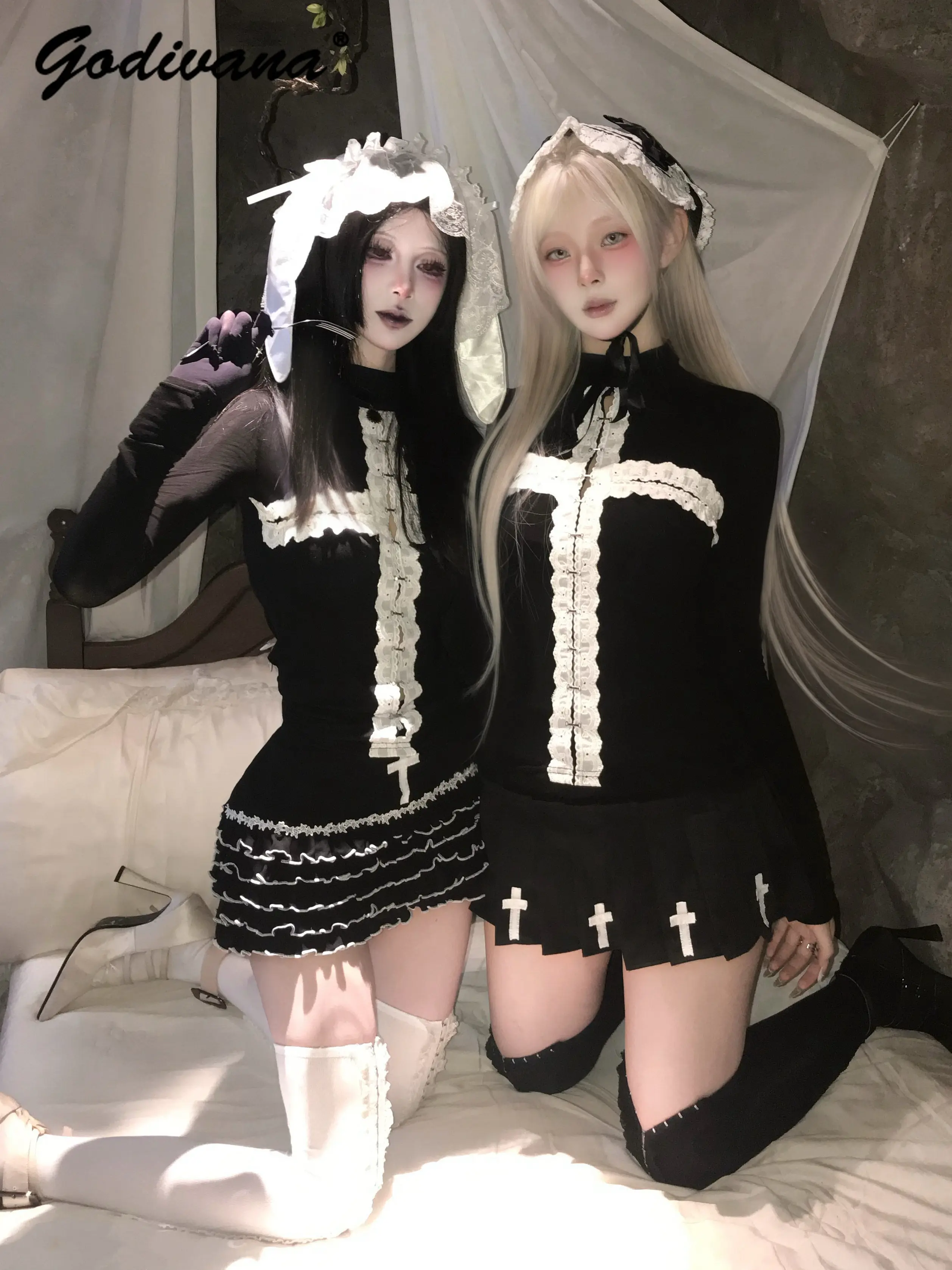 

Original Gothic Lace Patchwork Cross Turtleneck Long Sleeve Inner Top Shirt High Waist Mini Cake Skirt New Spring Womens Outfits