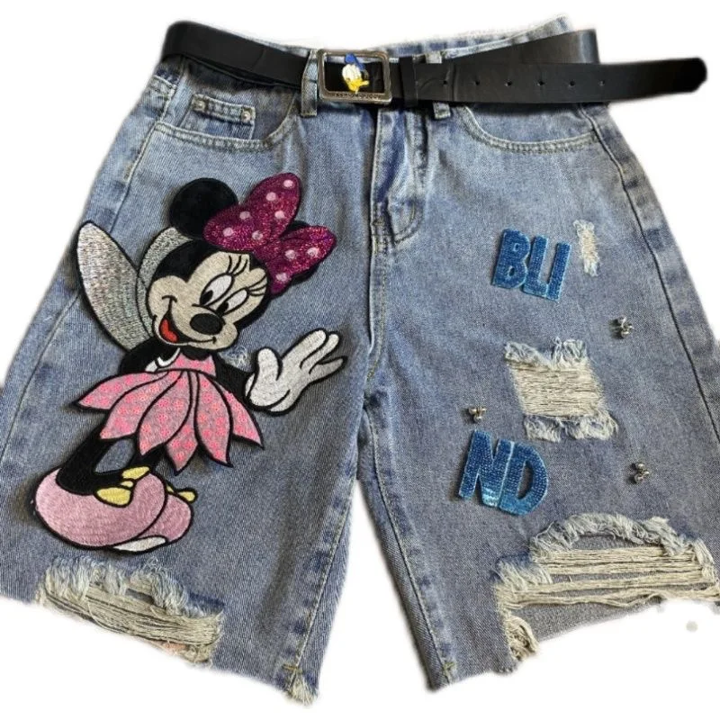 ديزني عالية الجودة الكرتون ميني الشريط مسمار حبة حفرة ضوء الملونة الدنيم السراويل للنساء فضفاضة مستقيم الساق طول الركبة السراويل #2