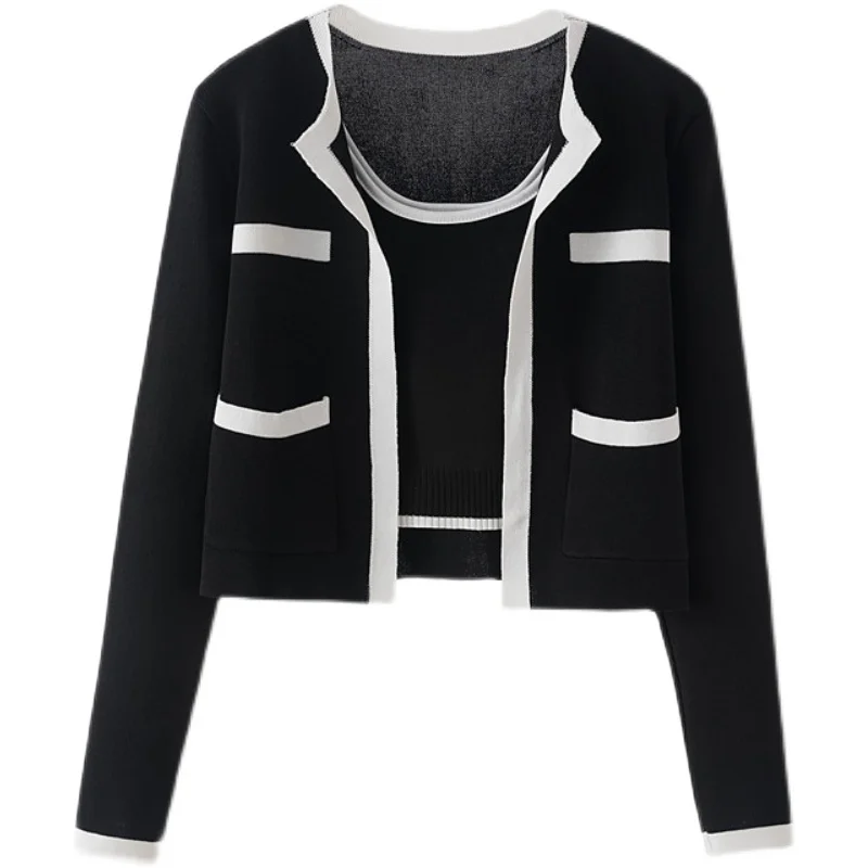 Contrast Color Knitted Cardigan Coat Long Sleeve O-Neck Sweater Jacket Women\'s 2023  New Autumn Vest Top Two-piece Set