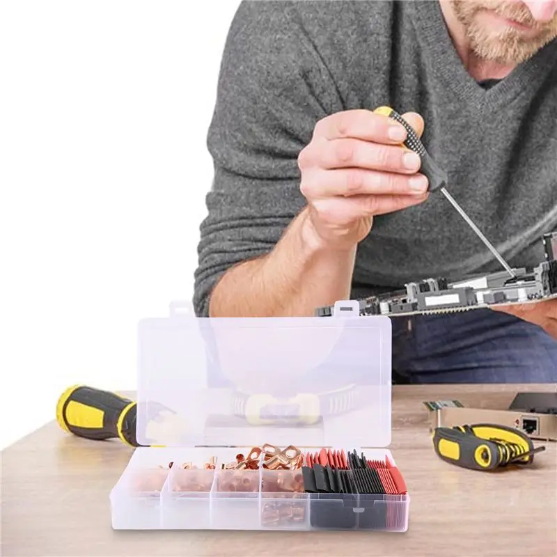 AEE3-150 Pcs Copper Wire Terminal Connectors, AWG 2 4 6 8 10 12 Ring Lug Kit With 70 Pcs Heat Shrink 80Pcs Battery Cable Lugs