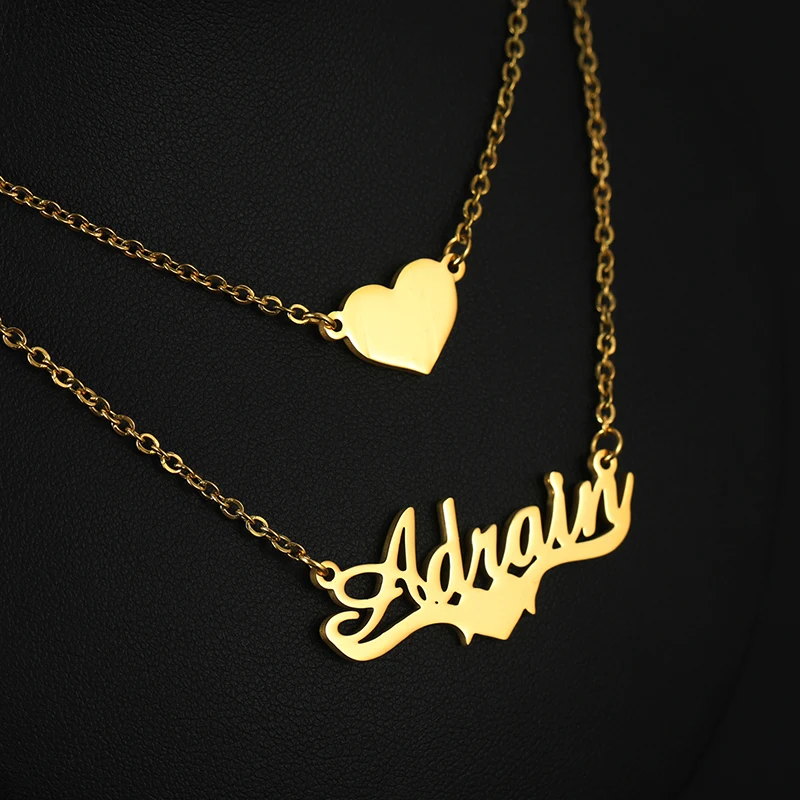 Customized Double Layers Name Necklace Heart Butterfly Birthstone Zircon Stainless Steel Pendant Choker Women Chain Jewellery