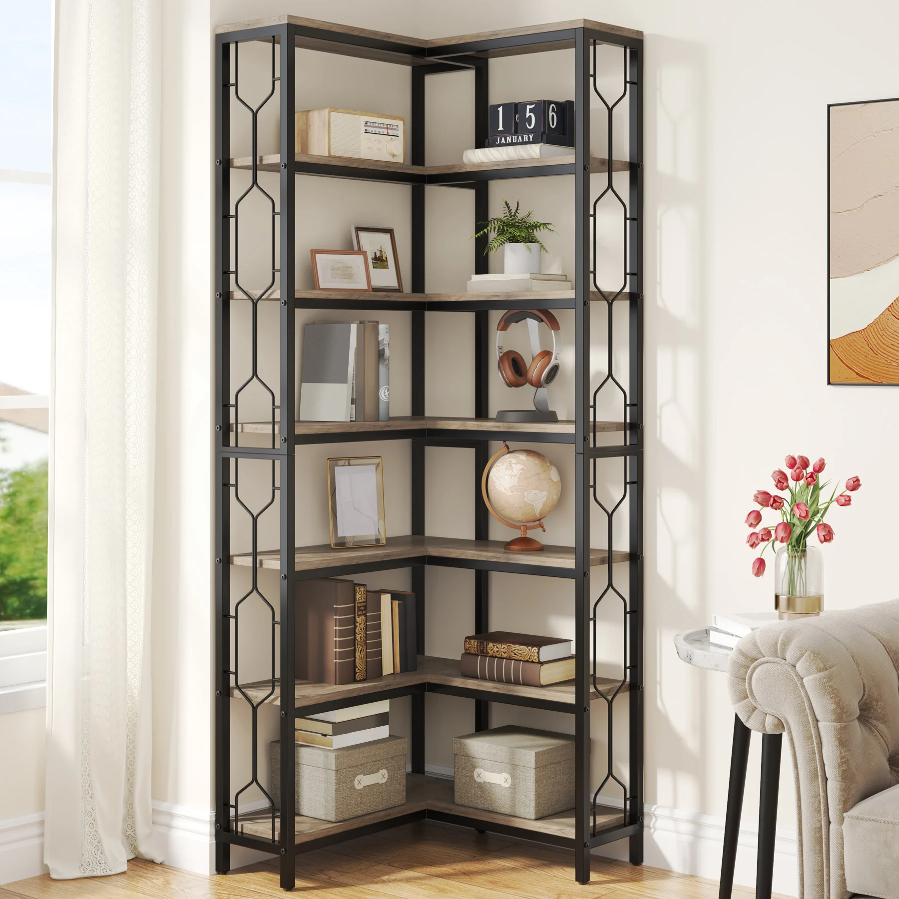 

Hot Sales Tribesigns 7-Tier Corner Shelf, 78.7" Tall Bookshelf With Storage, Corner Bookshelf And Bookcase, Industrial Display S
