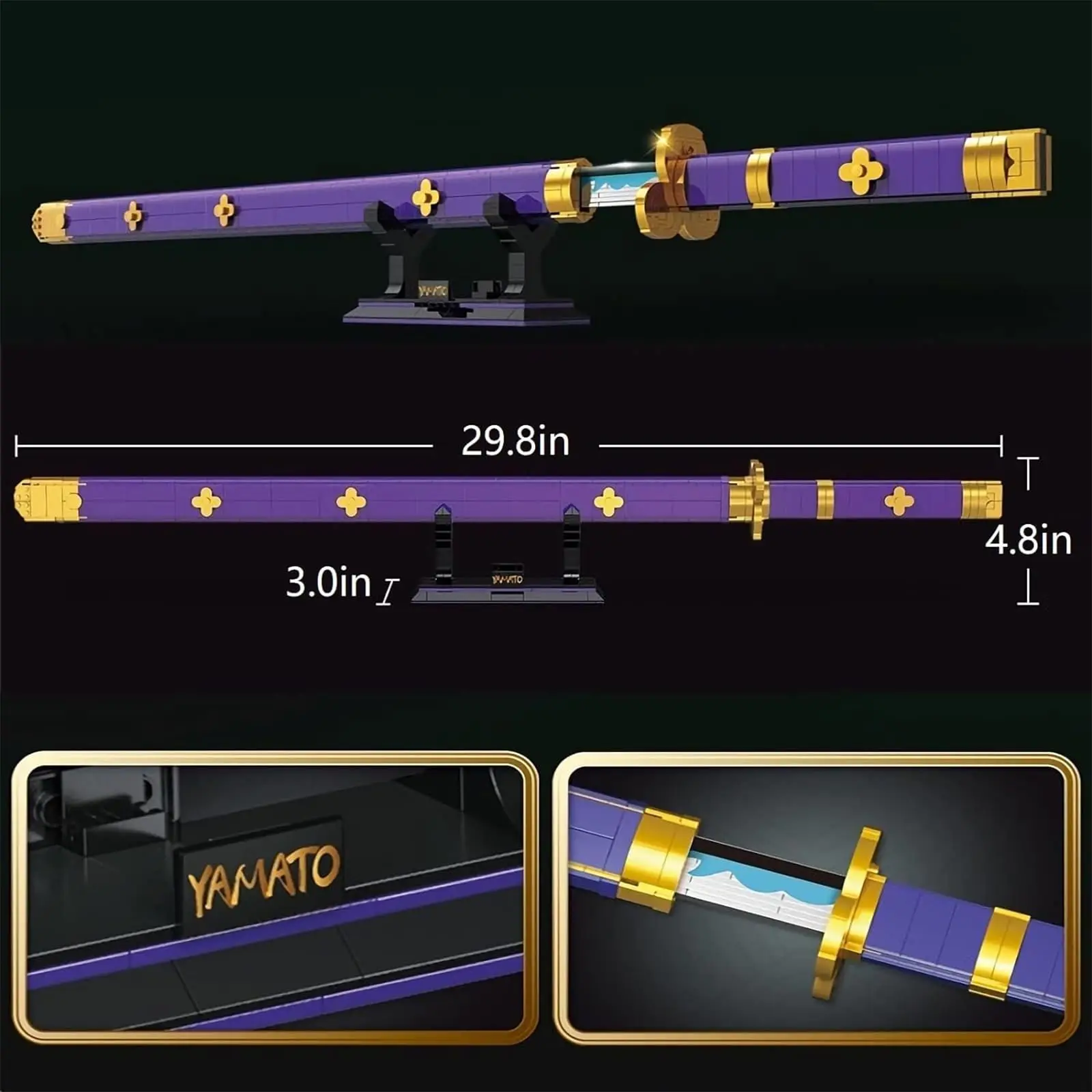 Juego de construcción de espadas para Cosplay de Anime, 936 Uds., una espada púrpura Enma Zoro de 38,8 pulgadas con vaina y soporte para adultos y niños