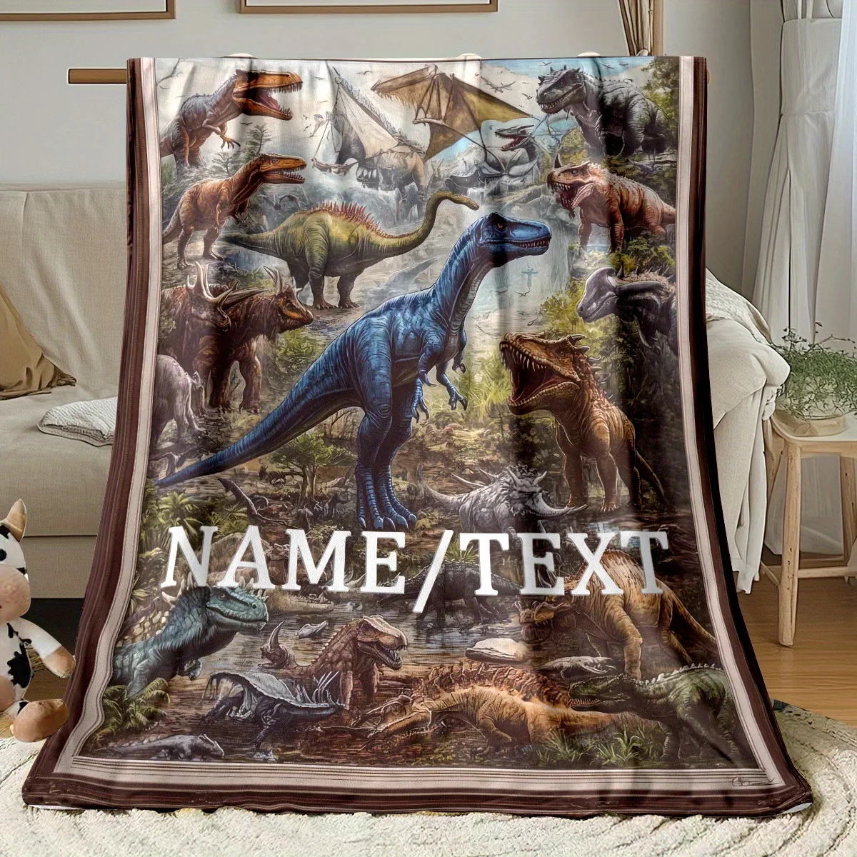 [بطانية الديناصور] بطانية الفانيلا المطبوعة على شكل ديناصور قابلة للتخصيص - رمي ناعم وخفيف الوزن مع تصميم جوراسي عالي الدقة للسفر