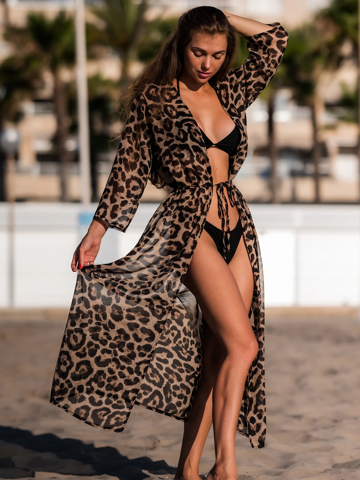 Neues, verführerisches Strandkleid mit Leopardenmuster, aus Chiffon, als Überwurf für Badekleidung, Strandmode, Sommerkleidung, langes Kleid für Damen, V3219. – Detail 11