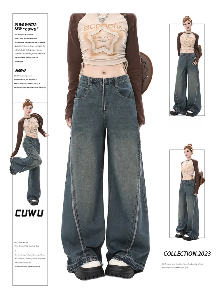 WCFCX STUDIO Y2K 90s Streetwear Star Jeans Women Vintage Washed Baggy Denim Pants American Style Retro Wide Trousers