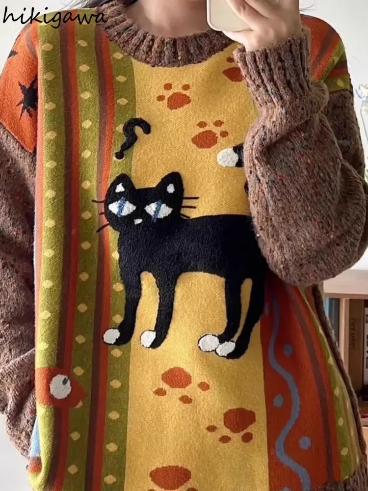 Pull à côtes vintage pour femmes, pulls coréens, broderie de chat, mode décontractée, vêtements d'hiver, 2024