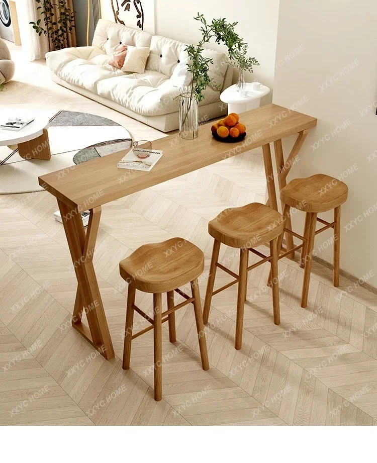 

all solid wood bar table household living room partition balcony against the wall high foot narrow table long table chairs