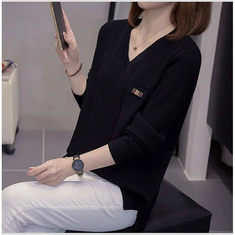

Loose V-Ne Long Sve Women's Knitwear New Sle Casual Slimming Color Top Boting T-irt Chinese Faion
